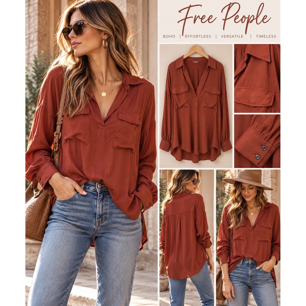Free People Starry Dreams Blouse M Rust Satin Oversized Boho Western Shirt